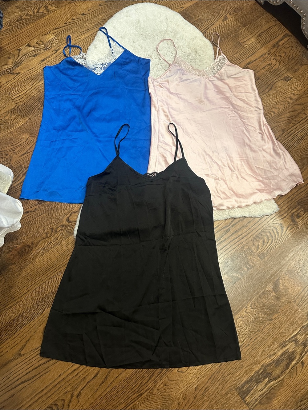 Set of 3 Satin Lace Night Gowns Tops - Blue, Blush, Black